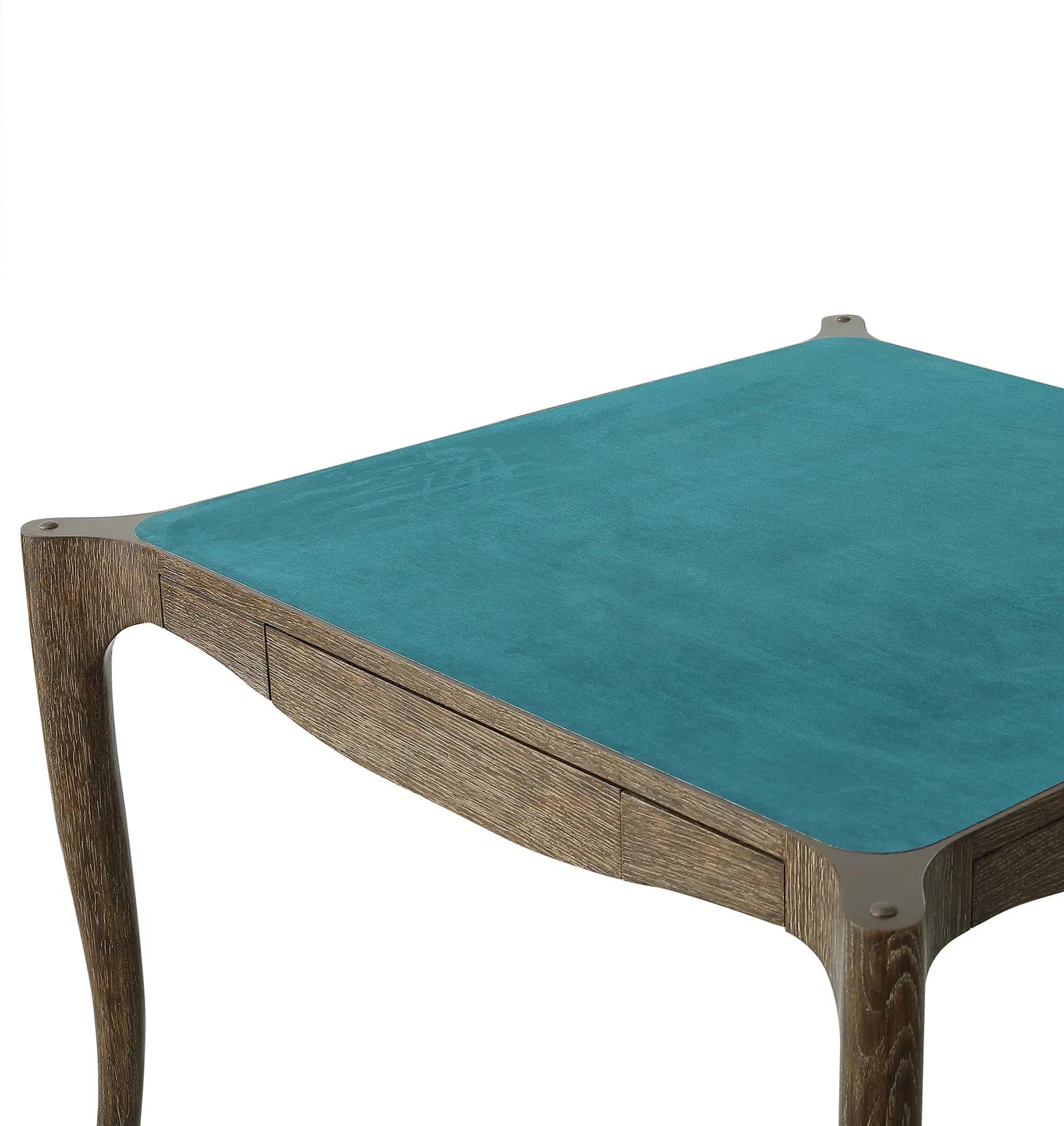 The Bembridge Games Table in Dark Oak features a square wooden design with curved legs and a teal felt surface, shown from an angle that accentuates the tabletop and one corner.