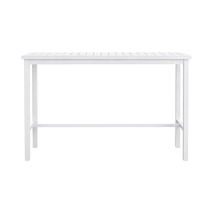 The Club Aluminum Bar Table in Chalk is a sleek white rectangular table with four straight legs and a bottom support bar, making it a stylish and durable choice for any outdoor patio setting.