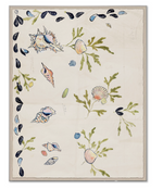 Shell 2 Art by Paule Marrot features a hand-drawn pattern of seashells, seaweed, and small leaves in soft pastel tones on a light background, inspired by the iconic Art Deco collection.