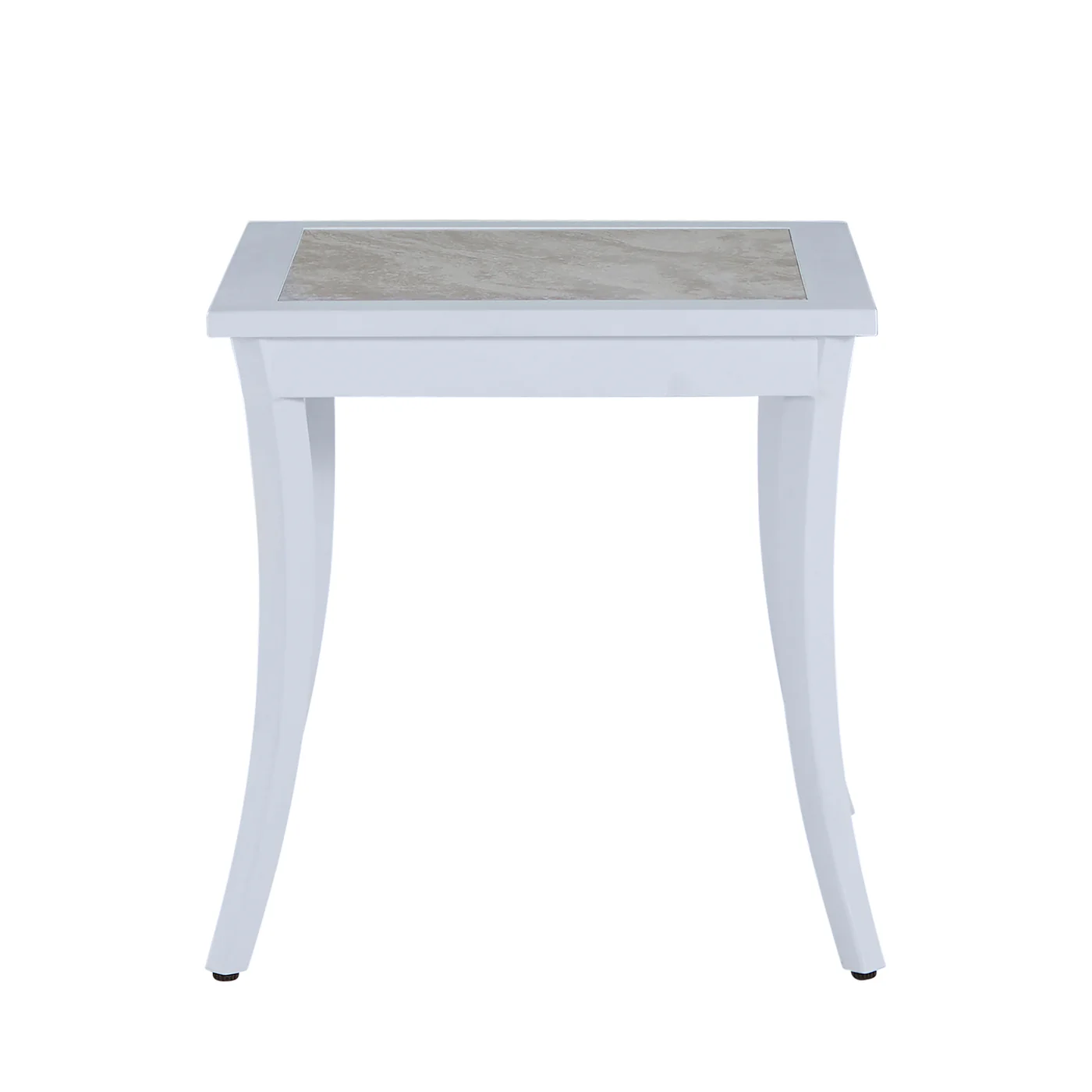The Bermuda Aluminum End Table is a small white outdoor table with curved legs and a rectangular porcelain top inset, shown against a plain white background.