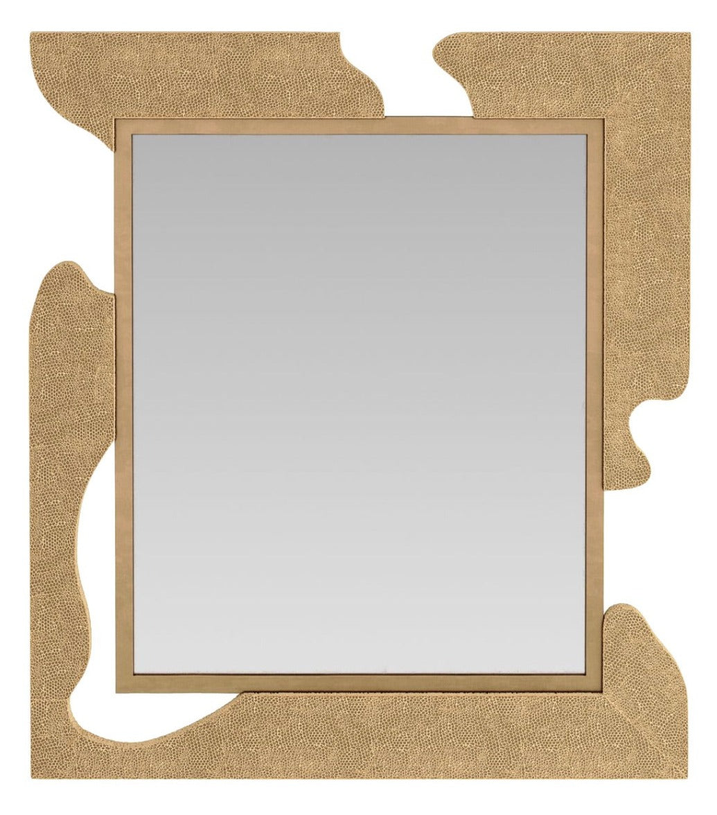 Zayden Mirror: A square mirror featuring an abstract art-inspired design with a textured gold frame, highlighting irregular shapes that extend from the corners to create an asymmetrical look.