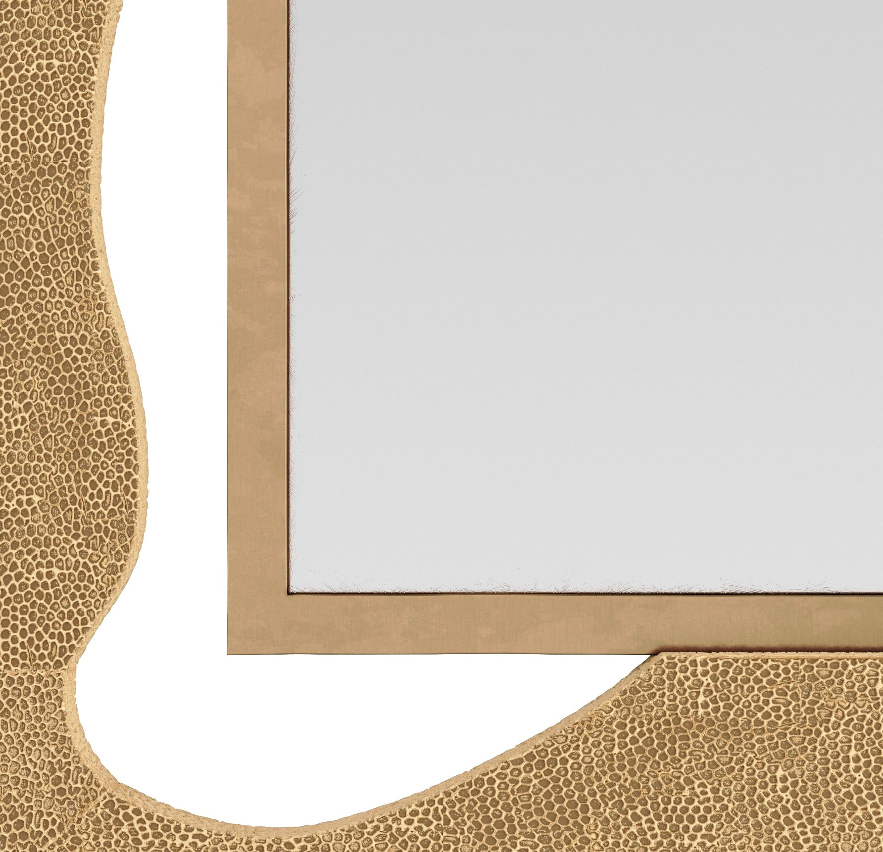 Close-up of the Zayden Mirror showcasing its gold textured frame with an asymmetrical, irregular design, set against a white background.