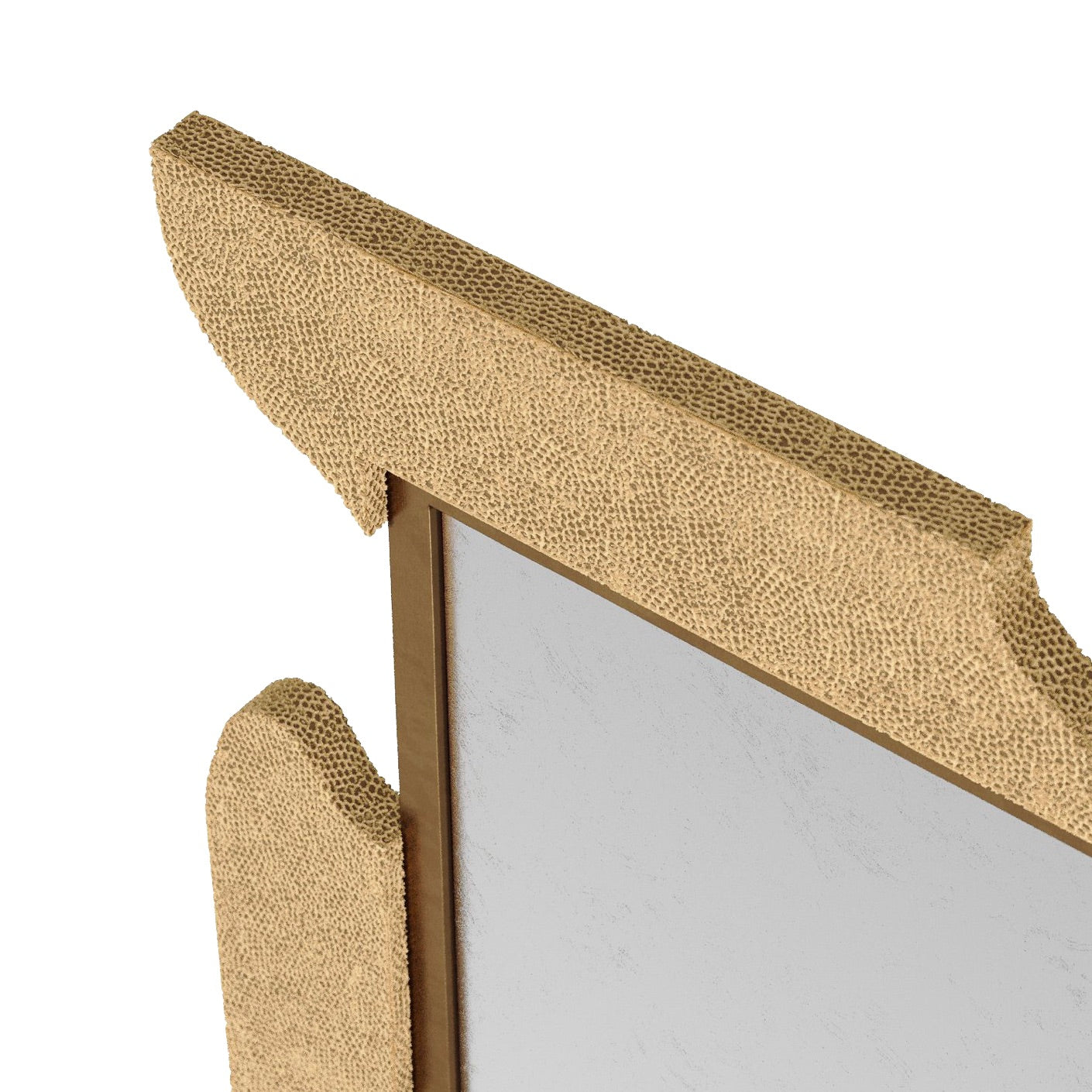 A corner of the Zayden Mirror with an asymmetrical design and a textured beige frame.