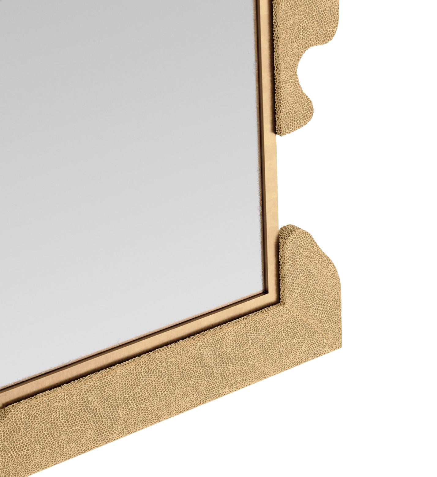 This close-up captures the asymmetrical design of the Zayden Mirror, featuring a rectangular shape with a frame made of wood and textured fabric, beautifully highlighting the corner detail.