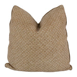 The Zeimoto Golden Brown Pillow features a square shape with a brown and white geometric scallop design, displayed on a plain white background.