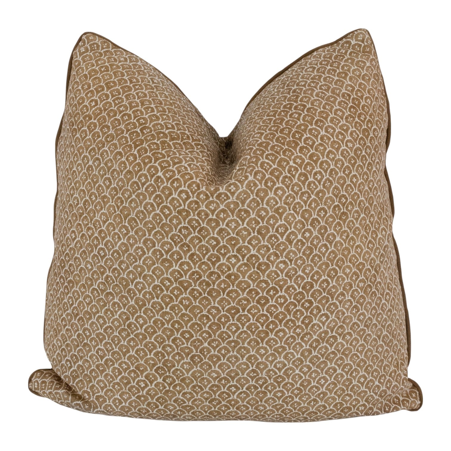 The Zeimoto Golden Brown Pillow features a square shape with a brown and white geometric scallop design, displayed on a plain white background.