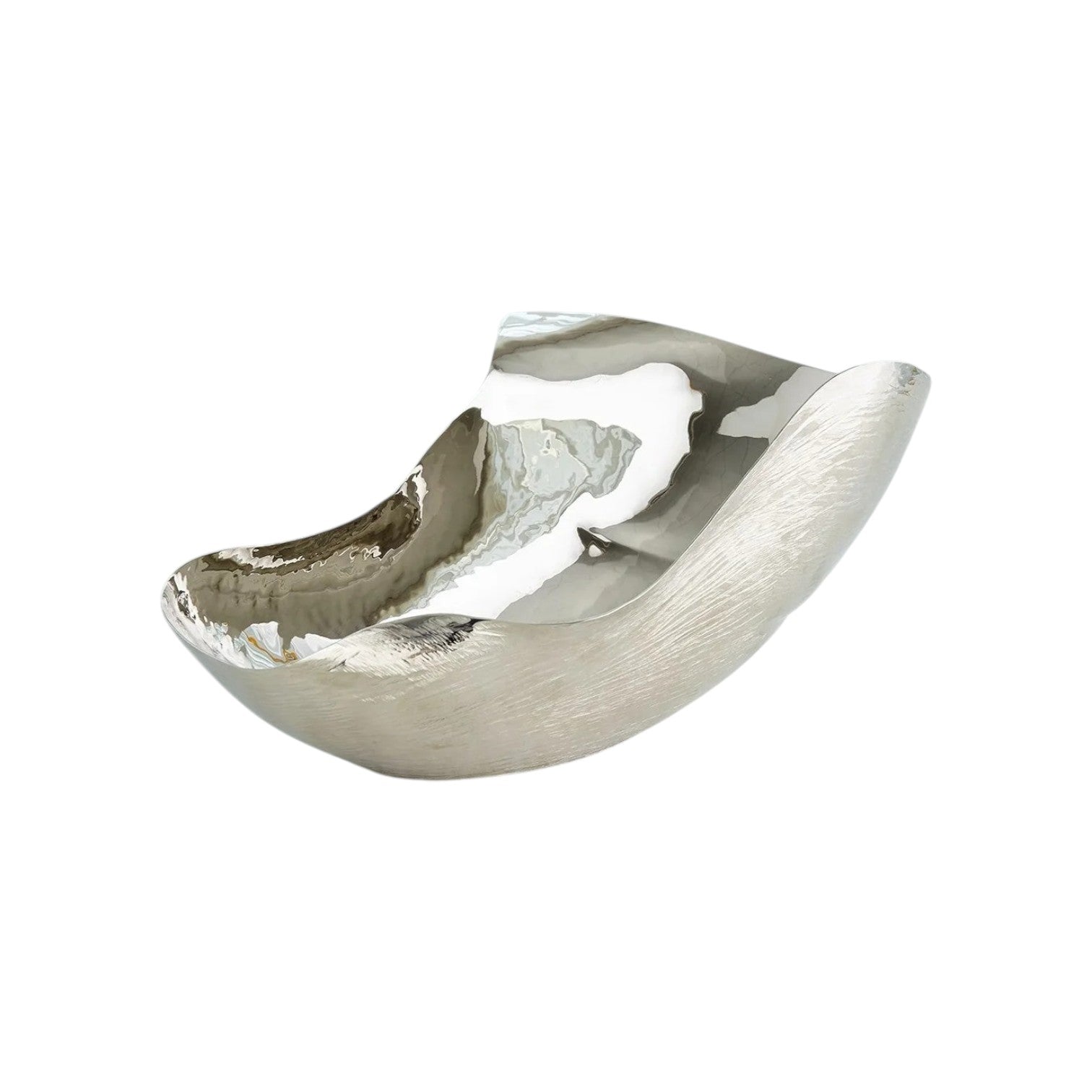 The Freeform Bowl is a modern, curved nickel-plated brass serving bowl with a reflective interior and textured exterior, elegantly displayed on a white background.