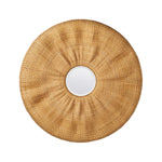The Larkin Rattan Mirror features a round shape and wide woven rattan frame, perfect for adding bohemian flair to your decor. Photographed on a white background.