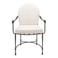 The Amalfi Round Back Armchair features a black powder-coated steel frame, white cushioned seat and backrest, and rounded armrest finials—an elegant nod to Etruscan design, shown from the front.