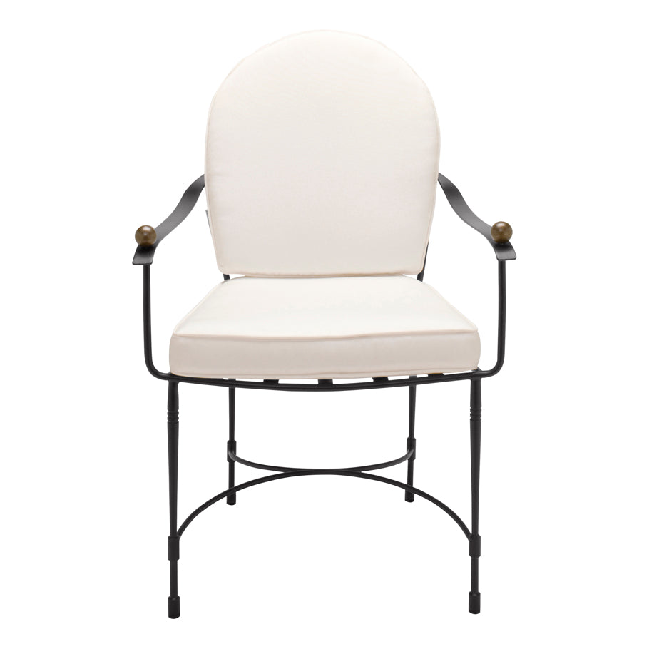The Amalfi Round Back Armchair features a black powder-coated steel frame, white cushioned seat and backrest, and rounded armrest finials—an elegant nod to Etruscan design, shown from the front.