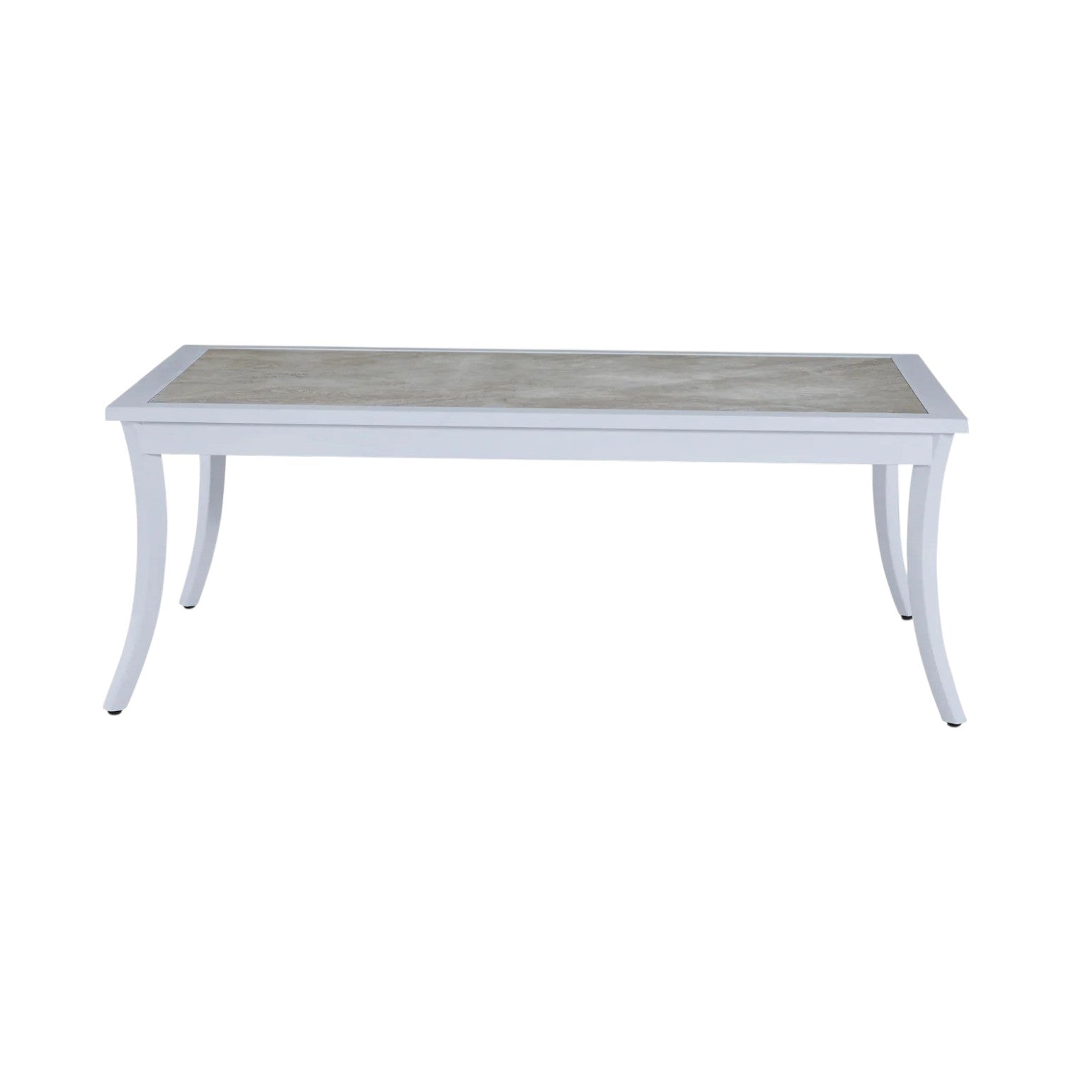 The Bermuda Coffee Table features a rectangular design with a light wood top and white, slightly curved legs for an elegant outdoor look.